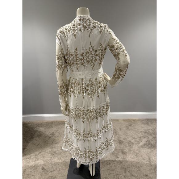 Polagram Elegant Lace Overlay Gold Embroidered Dress Size Small White Long - Picture 4 of 9